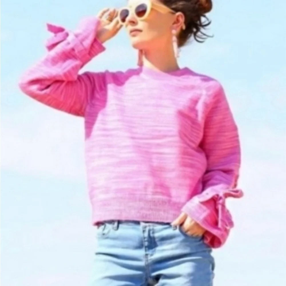 J. Crew Collection Pink Marled Alpaca Knit Tie Sleeve Sweater Sz M